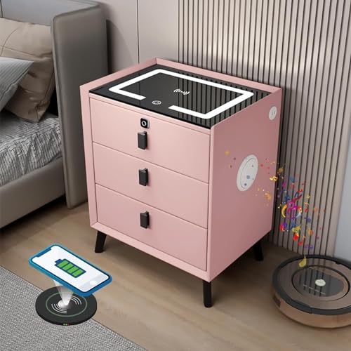 HJYBFA Intelligenter Nachttisch LED-Licht, Ladeanschluss und Fingerabdruckschloss, USB-Anschluss, Lautsprecher, abschließbarem Tischschrank mit 2/3 Schubladen (Pink, 3 Schublad