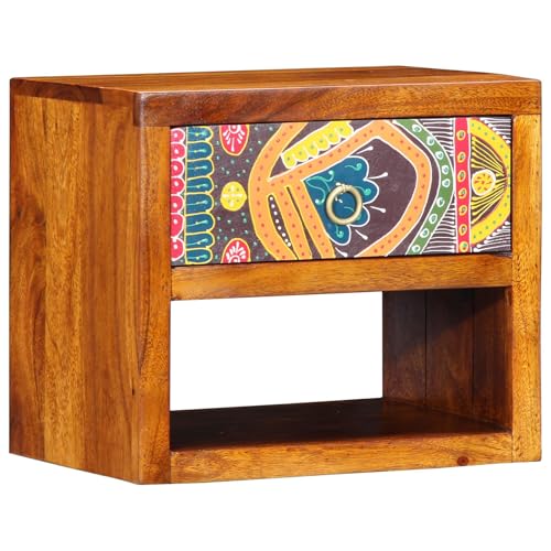 vidaXL Künstlerischer ethnischer brauner Nachttisch Massivholz Mangoholz Nachtkommode mit abstraktem Muster Stylisch Klein Stauraum für Schlafzimmer Nacht Vintage Stil Kompaktes Design mit Schubladen