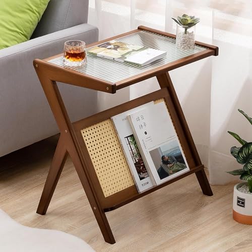 Z-förmiger Rattan-Beistelltisch mit Zeitschriftenständer, böhmischer Nachttisch aus Bambus mit Glasplatte für kleine Räume, Wohnzimmer und Schlafzimmer