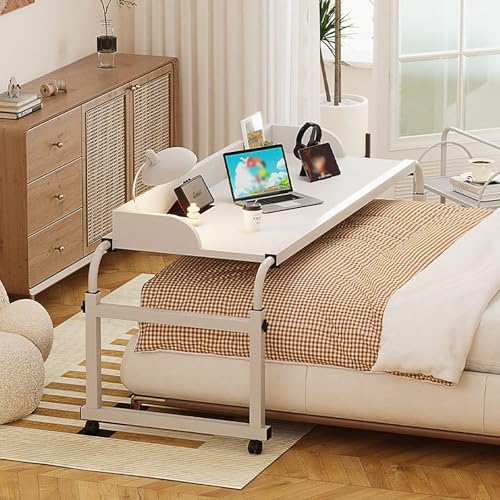 MESCXTY Überbetttisch mit Schwenkrädern,tragbarer Nachttisch,rollbarer medizinischer Überbetttisch,Stehschrei btisch über dem Bett mit robusten Metallbeinen(47in, White)