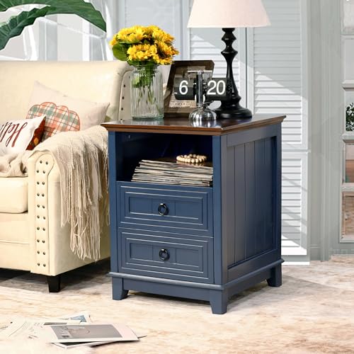 BEROXII Farmhouse Nachttisch, 61 cm, Holz-Couch-Beistelltisch mit 2 Schubladen und offenem Regal, rustikaler Beistelltisch für Schlafzimmer und Wohnzimmer, platzsparender Nachttisch (Marineblau)