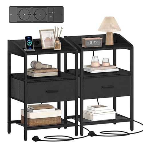 Hzuaneri Nachttisch 2er Set, Beistelltisch mit Steckdose, Nachttische mit 1 Stoffschublade und Offenes Fach, für Schlafzimmer, Wohnzimmer, 30 x 40 x 66 cm, Schwarz NS30304BEU