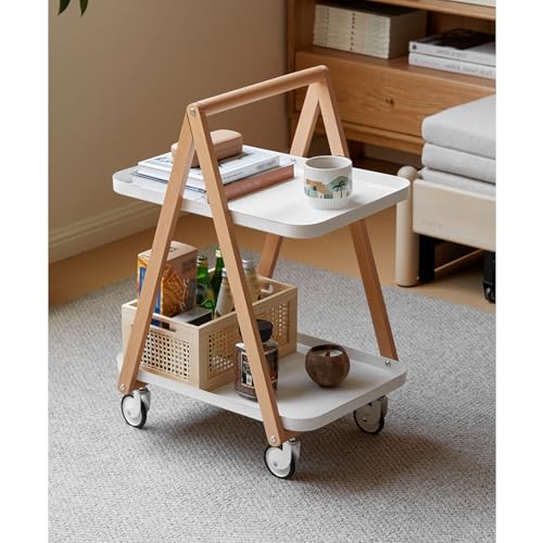 WWERTYY 2-stufiger Beistelltisch auf Rädern, Rollbarer Lagerwagen, Sofa-Beistelltisch aus Holz, Bauernhaus-Nachttisch, Servicewagen für Wohnzimmer, Schlafzimmer, Esszimmer, Küche (38 x 50