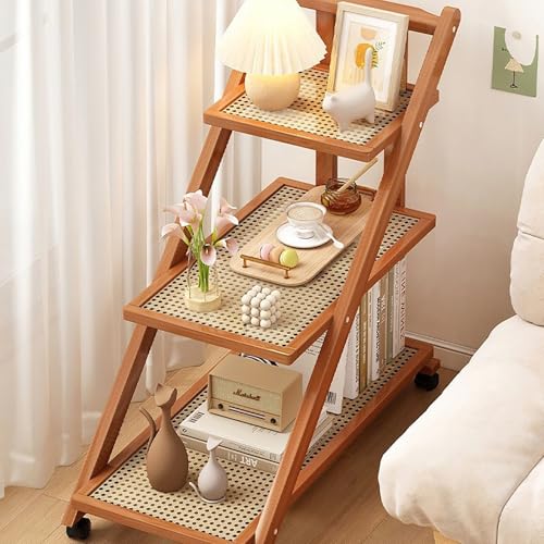 MESCXTY Mehrschichtiger Aufbewahrungswagen aus Holz, Faltbarer Beistelltisch mit 2/3 Ebenen und 360°-Rädern,freistehend er Nachttisch-Organizer,Aufb ewahrungsregale,Couchtisc h(3Layer, Walnut-Rattan)