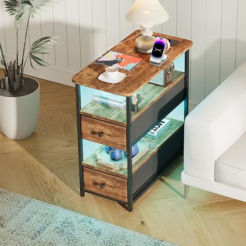 Julyue LED Nachttische mit 2 Schubladen & 2 offene Regalflächen, Beistelltisch mit Ladestation, Schlafzimmer Beistelltisch mit 4 Ebenen (Antik-Braun, 58x28x60.5cm)