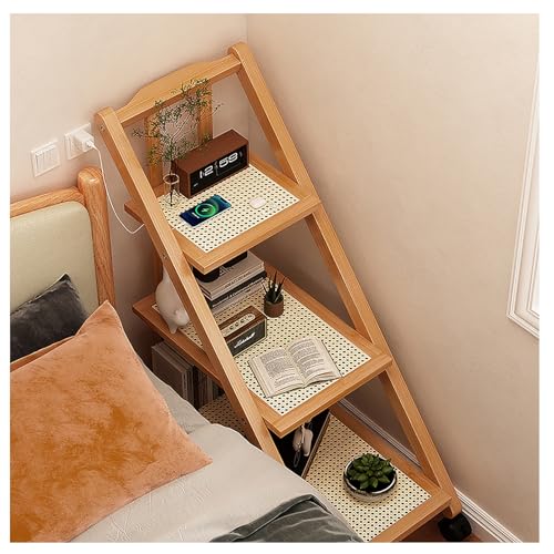 Nachttisch für das Schlafzimmer, Nachttisch, klappbarer Beistelltisch, Regal mit Rollen, bewegliches Lagerregal, Bambus + ABS-Rattan-Material, offene Lagerung, einfach zu montieren (B1)