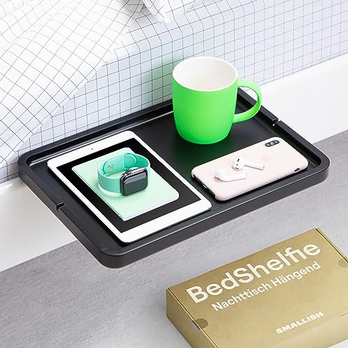 BedShelfie Nachttisch für Etagenbett und Boxspringbett, Bettablage für WG-Zimmer, Betttablett schwebend, Bettablage zum Einhängen – Minimalist 2.0 Holz schwarz
