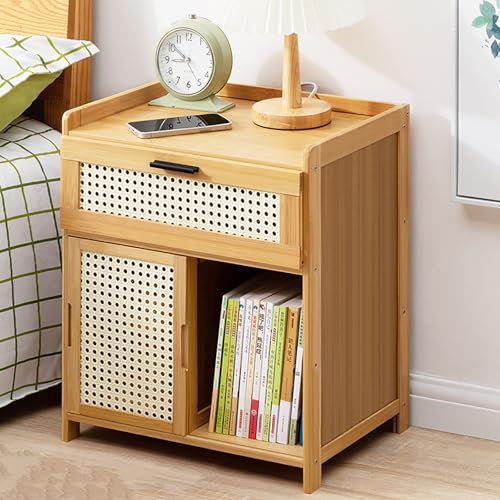 Nachttisch im Landhausstil mit Schublade und Ablage, Nachttisch aus Kunstrattan, Boho-Nachttisch, Beistelltisch, Akzenttisch, einfache Montage (Originalfarbe)