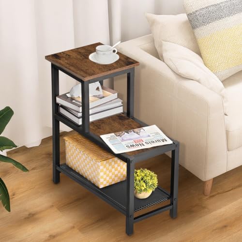 H JINHUI Schmaler Beistelltisch, schlanker Beistelltisch, kleiner Sofa-Beistelltisch mit 3-stufigen Regalen, industrielle Nachttische für kleine Räume, Wohnzimmer, Schlafzimmer, Metallrahmen