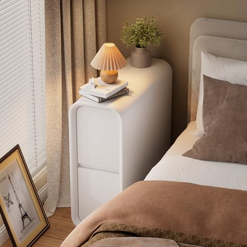 MSFE Nachtschrank aus Massivholz,Nachttisch schmal mit Lederoberfläche,20cm Beistelltisch Weiss mit 2 Schubladen, Installationfrei,klein Nachttisch weiß, für Schlafzimmer, Wohnzimmer