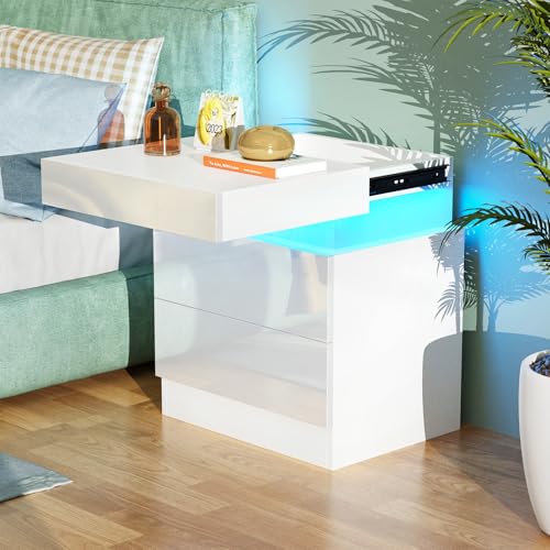 Supfine LED Nachttisch mit 2 Schubladen, Moderner Nachtschrank für Schlafzimmer, Schiebeplatte, RGB Beleuchtung, Fernbedienung, 45x35x52 cm (1, Weiß)