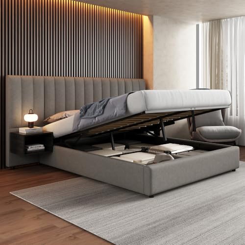 Bett 160 x 200 cm mit Lattenrost, Bett für Erwachsene, 160 x 200 cm, mit breiten Flügeln, hydraulisch, Bettgestell für 2 Personen mit Stauraum und zwei Nachttischen Lattenrost aus Holz, Leinen, Grau +