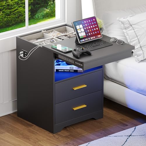 Lvifur LED Nachttisch mit Versteckte Schublade,Nachttische mit Schubladen und offene Fächer,Nachtschrank mit Intelligente Ladestation Für Schlafzimmer, Wohnzimmer,Arbeitszimmer