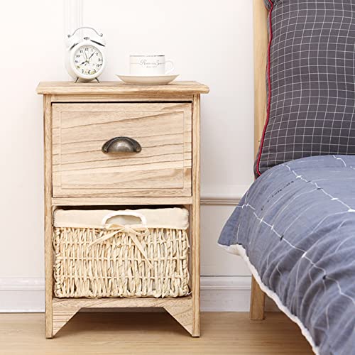 Nachttisch-Set Vintage Massivholz Nachttische Shabby Chic Holz Nachttisch Schubladenschränke mit Weidenkorb