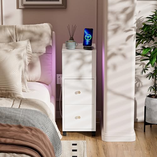 Weiß Nachttisch mit 2 Schubladen, Holz Nachttisch Schmal ladefunktion Steckdose 2AC/2USB Seitenschrank Nachttischschrank 1.5m Netzkabel Aufbewahrungsschrank für Schlafzimmer Wohnzimmer-30cmx25cmx66cm