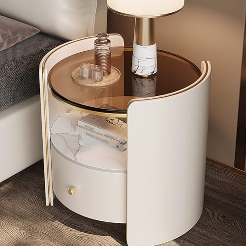 FBNMG Säulenförmiger Nachttisch aus Massivholz, Mehrstöckiger Nachtschrank mit Schubladen, Steinplatten und Beistelltisch aus Glas für Schlafzimmer Wohnzimmer Sofa Büro(19.7 x18.9 x19.7 , Beige)