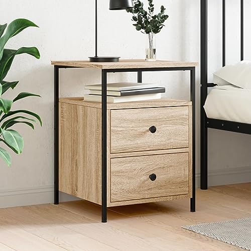 Higsose Nachttisch 44x45x60cm Sonoma-Eiche,Holzwerkstof f,Eisen,Bedside Table,Couchtisch Im Industrie-Design,Laptopti sch Fürs Bett,Nachtkasten Schlafzimmer,Wohnzimmer Regal