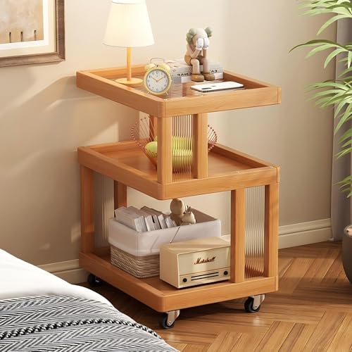 XMDEUR Rollbarer Beistelltisch mit beweglichem Trolley, moderner schmaler Beistelltisch für kleine Räume, Nachttisch aus Holz (Natur, 40 x 40 x 55 cm)