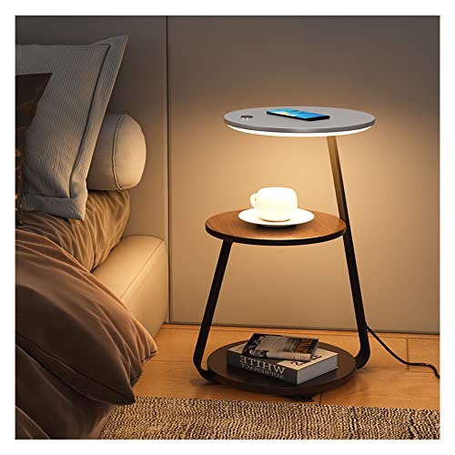 Smart LED Nachttisch mit kabellosem Laden und offenem Aufbewahrungsregal, moderner Beistelltisch für Schlafzimmer, Silber