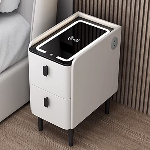 Weißer Nachttisch mit LED-Licht, USB-Ladeanschluss und Aufbewahrungsschublade, Kleiner Nachttisch für Schlafzimmer, schmale Beistelltischmöbel