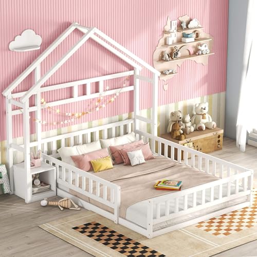 HYUB Kinderbett Bodenbett 140x200 cm mit Nachttischen und Lattenrost, Hausbett Holzbett mit Geländer, Bett für Kinderzimmer, Einzelbett Bettgestell aus Kiefernholz, Weiß