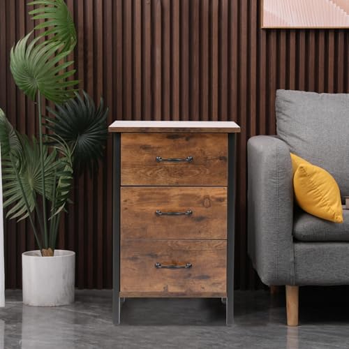 mymai Nachttisch Nachtkommode Nachtschrank mit 3 Schubladen, Beistelltisch aus Holz und Metallrahmen, Industrie-Design, Schwarz