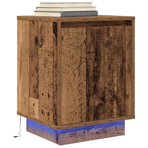 SKTQYQO Nachttisch mit RGB-LED-Lichtern aus technologischem antikem Holz, 38 x 34 x 50 cm, großer Stauraum und robuster Tischplatte für Schlafzimmer, verstellbare Beleuchtung und modernes Design