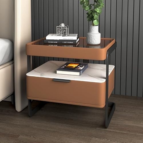 Nachttisch Aus Massivholz Mit Gehärteter Glasplatte – Moderner Nachttisch Mit Akzenten Aus Weichem Leder(58cm)