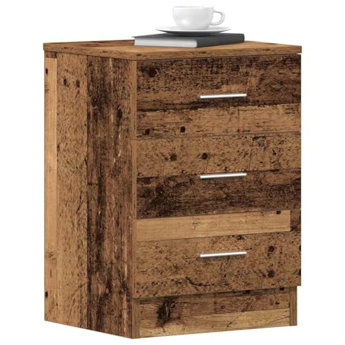 HETFTJN Nachttisch Altholz 38x35x55 cm Holzwerkstoff mit 3 Schubladen Modernes Vintage Design Robuster Nightstand Schlanker Beistelltisch für Schlafzimmer Wohnzimmer und Flur