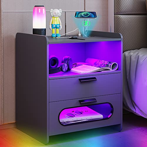 Gurexl Led Nachttisch mit Ladefunktion, 24 Farben Dimmbar Hochglanz Nachtschrank mit USB Type-C, 2 Schubladen Sideboard Automatischer Sensor Schlafzimmer Grau