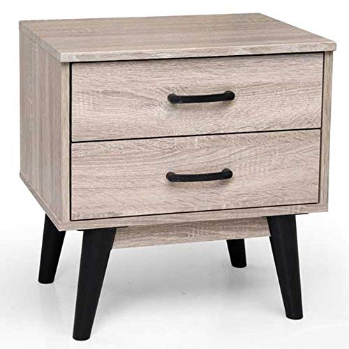 BAKAJI Nachttisch für Schlafzimmer, 2 Schubladen, Bücherregal, niedriger Seitentisch, modernes skandinavisches Design, aus MDF, 4 Füßen, Farbe Schwarz (Eiche)