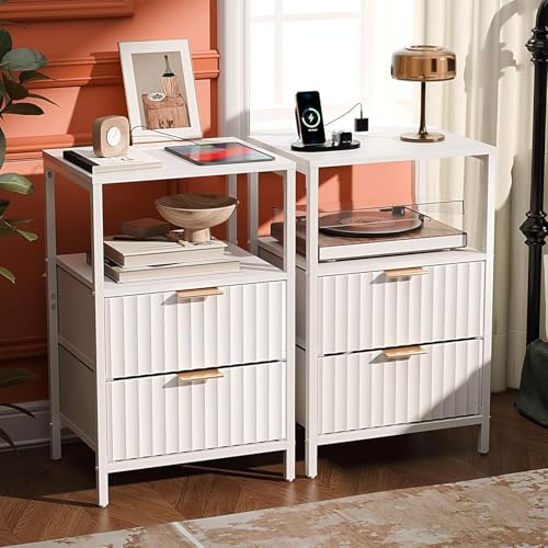 LEADZM Nachttisch 2er Set mit Ladestation, Nachttische mit 2 Vliesstoff-Schubladen, Beistelltisch für Schlafzimmer, Europäischer Stecker, Eurosteckdose, 38 x 30 x 60 cm (2, Weiß)