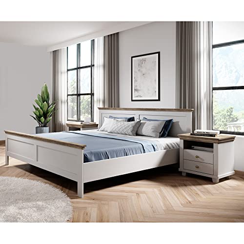 Lomadox Landhaus Doppelbett Bettgestell Liegefläche 180 x 200 cm 2 Nachttische Nachtschrank weiß Esche Eiche