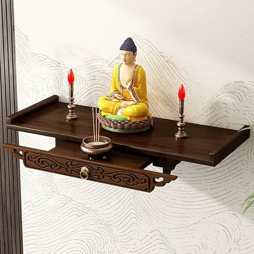 MESCXTY Wandmontierter Buddha-Altar-Regalstände r, Pooja-Tisch aus Holz mit Schublade, antike Schnitzerei, Opfergabe für den Haushalt zum Gebet, Guan Gong Guanyin-Statue (39 cm, Walnuss)