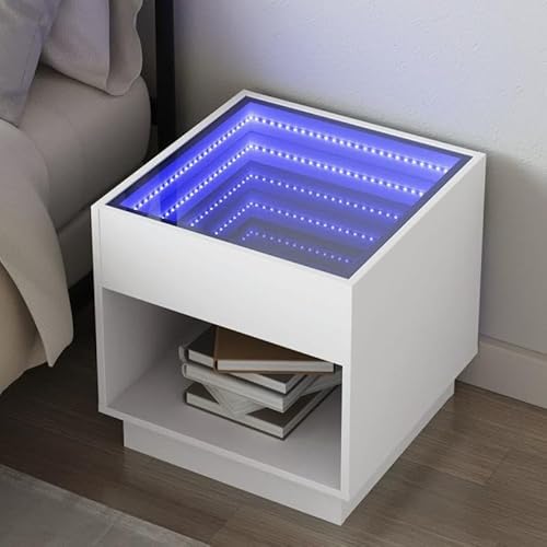 Eleganz Nachttisch mit Infinity- - Moderner Beistelltisch aus Holzwerkstoff & Glas (50x50x50 cm) - Weiße -Beleuchtung für Schlafzimmer & Wohnzimmer