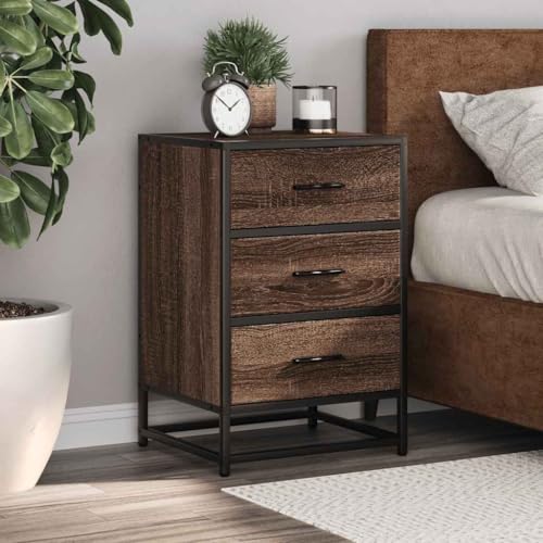 Mokuyary Nachttisch Braun Eichen-Optik 40x34,5x60cm Holzwerkstoff Metall Beistelltisch, Nachtschrank Schlafzimmer, modern für Wohnzimmer Schlafzimmer Arbeitszimmer Gästezimmer