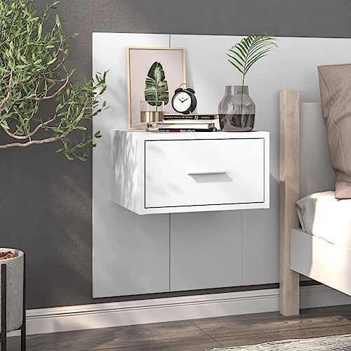 QUAHEAS Wand-Nachttisch Hochglanz-Weiß, schwebend, 48,5x32,5x80 cm, Holzwerkstoff, mit Schublade, für Schlafzimmer, Wohnzimmer, Beistelltisch