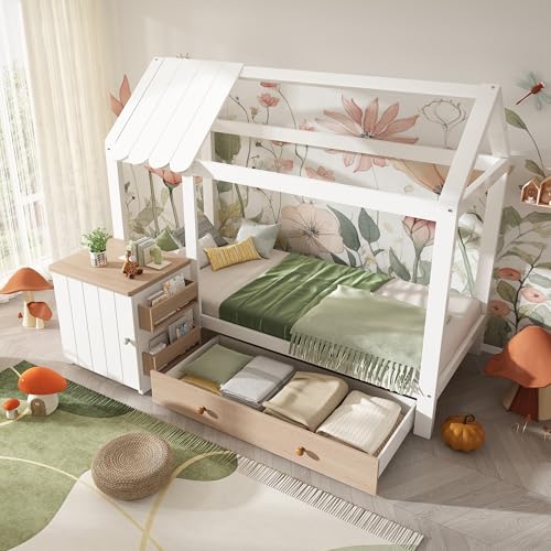 Kebnor Hausbett Kinderbett 90x200 cm aus Massivholz mit Schubladen & abnehmbarem Nachttisch - Bodenbett(ohne Matratze) (Weiß +Eichenweiß)