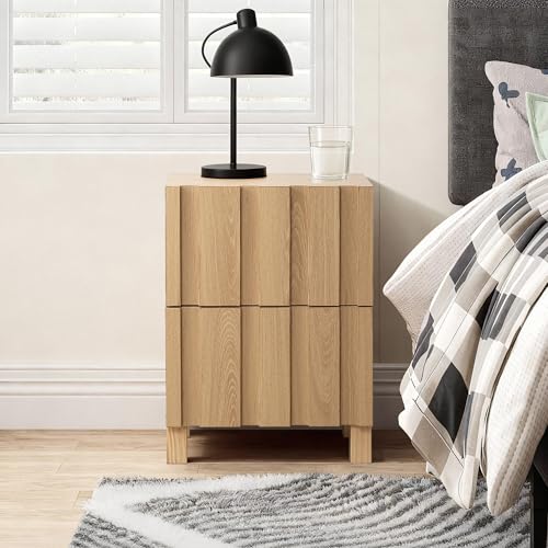 Hometopia Moderner Nachttisch mit 2 Schubladen im skandinavischen Design, Beistelltisch in Eichenoptik mit vertikalem Holzleisten-Design, Bedside Table für Schlafzimmer, 30 × 40 × 55 cm