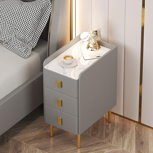 Nachttisch mit 3 Schubladen, Kunstleder und Massivholzrahmen, Steinplatte, Metallbeine und Griffe, moderner schmaler Nachtschrank für Schlafzimmer