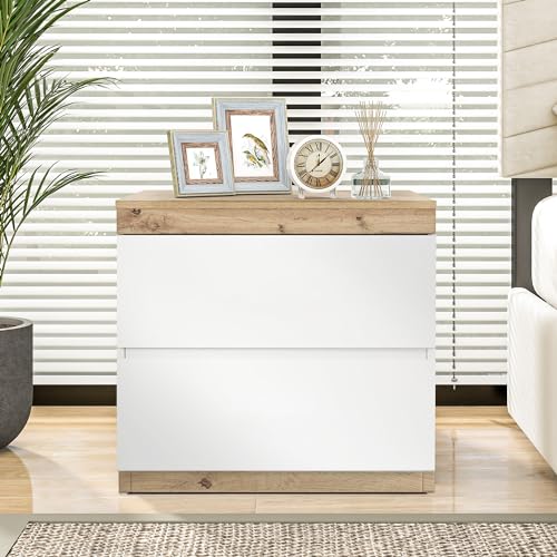 Pangshiyuan Nachttisch mit 2 Schubladen, Nachtschrank für Schlafzimmer, E1-Spanplatte, Weiß+Eicheoptik, Stauraum für Bücher & Kleinigkeiten, H50/B40/T35 cm