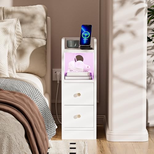 Ztexkee Nachttisch schmal Nachtschrank mit Steckdose und LED Lichtleiste Schmaler Beistelltisch Nachttisch mit 2 Schubladen und 2 Ablagefächer für Schlafzimmer, Wohnzimmer Weiß