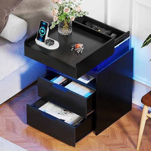 yeshine Nachttisch Schwarz Led Nachtschrank 68 cm hoch Modern Nachtschrank mit Schubladen Bedside Table mit Geheimfach Nightstand mit Steckdose für Schlafzimmer, Wohnzimmer