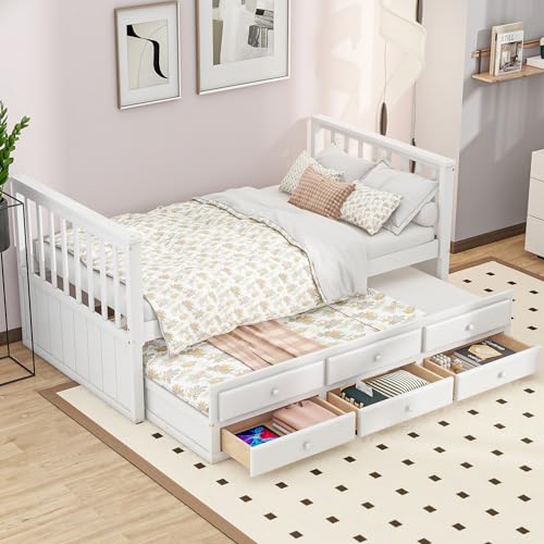 Rvjiahe Bett mit Schubladenbett und Schubladen, aus massivem Kiefernholz, multifunktional, mit ausziehbarer Schublade, Nachttisch mit Regalen mit USB-Anschluss, Jugendbett (Weiß, 90 cm × 200 cm (90 x