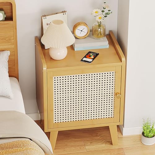 Minimalistischer Bambus-Nachttisch, kompakter Rattan-Tür-Beistelltisch , stilvoller Nachttisch mit Stauraum, ideal für kleine Räume im Wohnzimmer und Schlafzimmer, 31 x 26 x 38 cm, Gelb