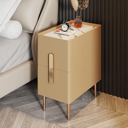 Schmaler Nachttisch aus PU-Leder mit 2 Schubladen – Moderner minimalistischer Nachttisch mit Metallbeinen – Aufbewahrungsschrank für schmale Räume in Schlafzimmern – 30 x 40 x 50 cm (12 x 16 x 20) –