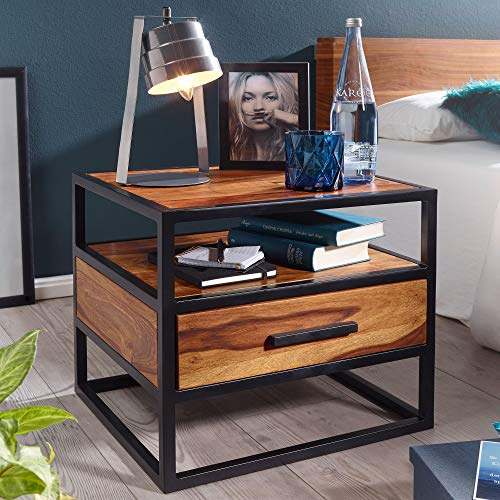 KADIMA DESIGN Nachtkonsole Sheesham Holz Metall Industrial Nachttisch Nachtkästchen