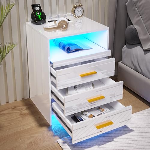 Gurexl LED Nachttisch mit 24 Farbe RGB Licht?Beistelltisch 3 Schubladen?Smart schubladenschrank mit USB Ladefunktion & Kabelloses Laden? Nachtschrank mit geheimfach? Bedside Table weiß Hochglanz