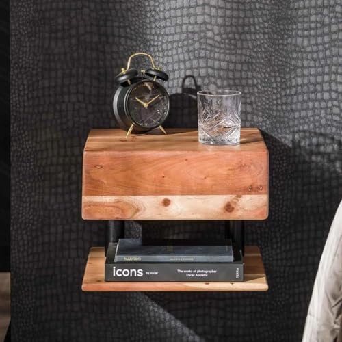 RINGO-Living Massivholz Nachttisch mit 2 Ablagen & Schublade Grifflos, Schwebend Stauraum Nachttisch Industrial Style, Nachtschrank,Klein Industrie Style, Nachttisch Holz Metall Echtholz