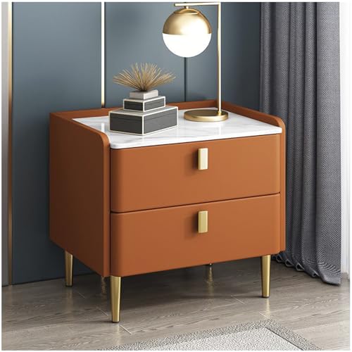 Nachttisch aus Massivholz mit 2 Schubladen, Nachttisch aus Leder, Beistelltisch aus Schiefer für Schlafzimmer und Wohnzimmer, kompakter Nachttisch